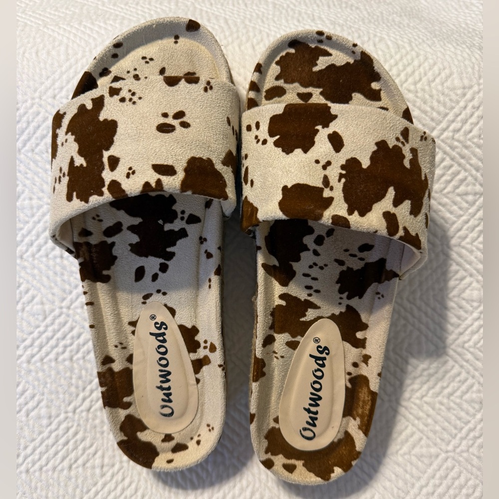 Outwoods Brown and Cream Cow Print Sandals